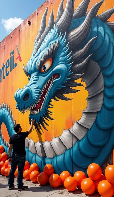 A massive, hyper-realistic mural on a wall depicting the full-body figure of Shenlong, the legendary dragon from the anime Dragon Ball, intricately detailed and partially completed. Below Shenlong, vibrant orange Dragon Balls are carefully placed, enhancin...