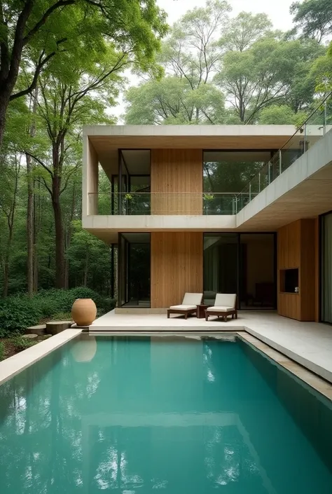 "A peaceful, zen-inspired house nestled among towering jungle trees, built from smooth, light-colored wood and stone. Large bay windows create a seamless connection with the environment, revealing a serene view of the lush greenery. The infinity pool, with...