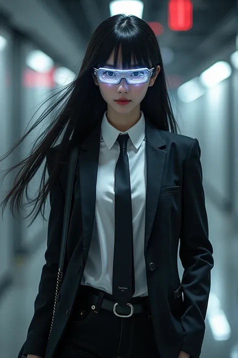 I am a girl, I have black hair, with curtain bangs, and I was wearing a formal outfit, white shirt with a collar and a black tie, and a black jacket, and wearing a black Jean pants, and carrying a black shoulder bag, and wearing a tech-glasses

The glasses...