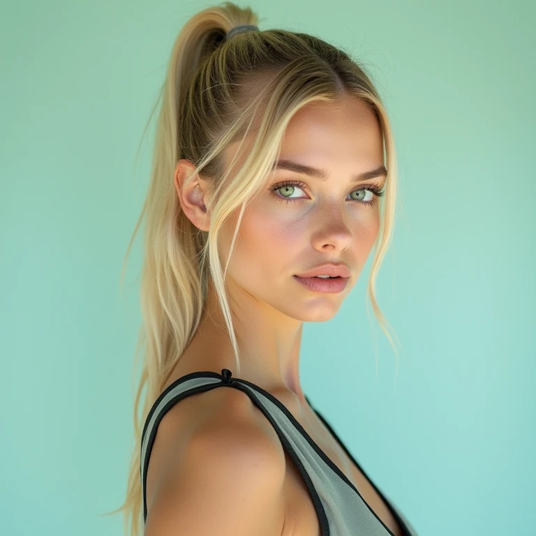 closeup, frontview, Realistic, Sarah Miller, amateur young blonde female model, hair tied in a ponytail, green eyes, slim, dressed in a cyberpunk style dress. Background plain pastel color no shadows no reflections