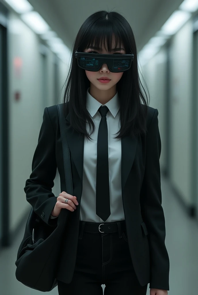 I am a girl, I have black hair, with curtain bangs, and I was wearing a formal outfit, white shirt with a collar and a black tie, and a black jacket, and wearing a black Jean pants, and carrying a black shoulder bag, and wearing a tech-glasses

The glasses...