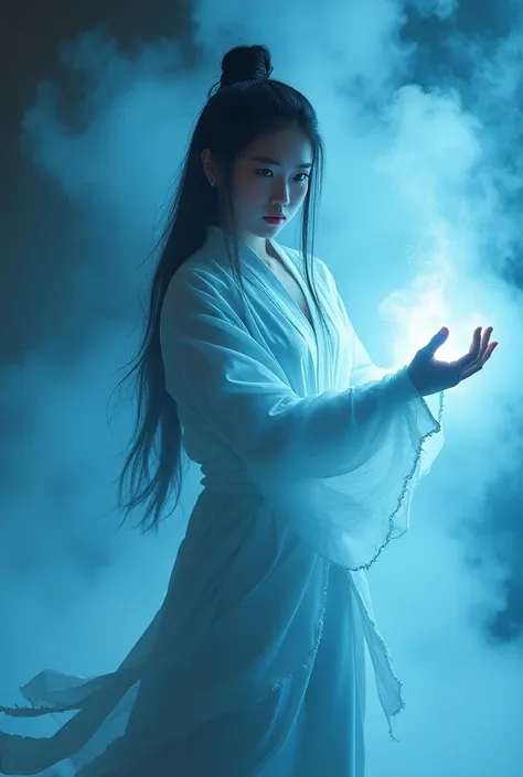  Full body mirror of a 20-year-old Chinese beauty Headshot 。Very charming， blue-white fluorescence ， His hair grows long 。 His whole body wrapped like a mummy wrapped in tatters ， Unobtrusive 。 She stands at the base of smoke and thunder ， in a powerful ku...