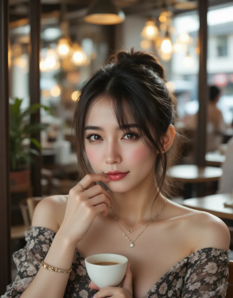 A hyper-realistic, close-up portrait of an East-Asian woman sitting in a cafe, a smirk on her lips as she sips her coffee. The background is bustling, but she remains the focal point. Her jewelry and accessories are minimal but chic, embodying a modern, In...