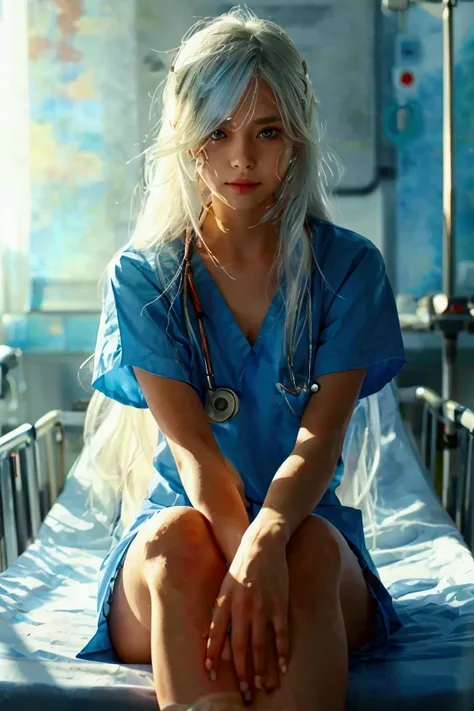   woman with long hair  、slightly slanted eyes、  sitting on a hospital stretcher looking at her leg that is covered up to the knee with white fabrics, Her eyes are tearing 