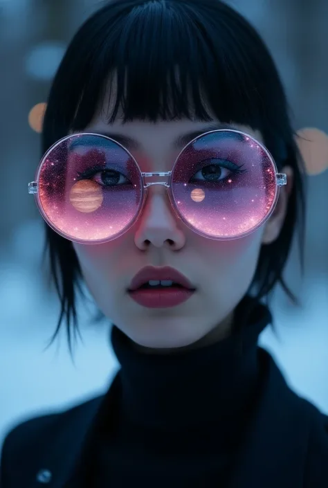  The model wears glass sunglasses with stars and the moon in the glass