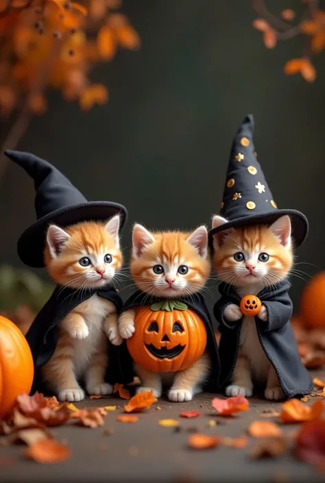 3 kittens dressed up for Halloween in preparation.  1st kitten dressed as a witch, 2nd kitten dressed as a pumpkin, 3rd kitten dressed as a wizard