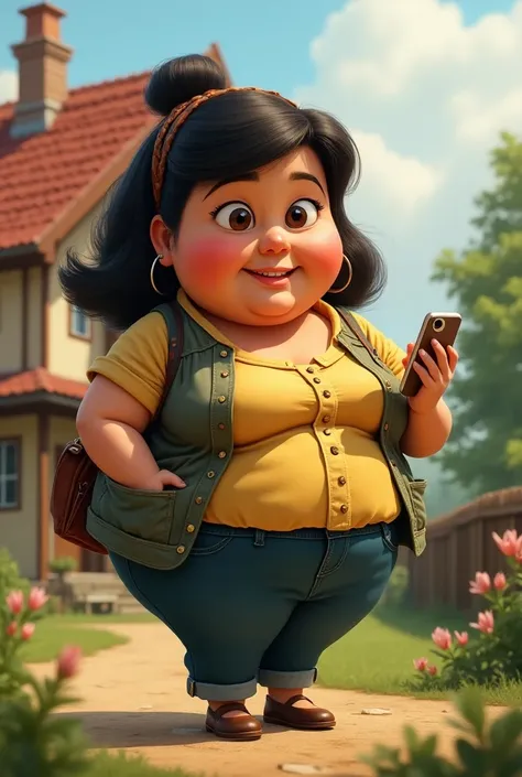  Create a Pixar poster image of a lady of white Polish origin ,  dark hair clothing, short and fat on the front ,  she is holding a cell phone in her hand and in the background a large house that looks like grandmas house