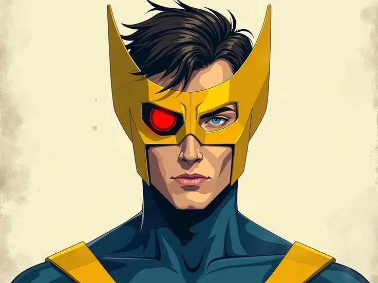 minimalistic aesthetic; (X-MEN) portrait Half Cyclops Half Scott Summers Facing ; Grunge effect; Cyclops suit Blue with yellow touch; Half cyclop Mask yellow with red glass