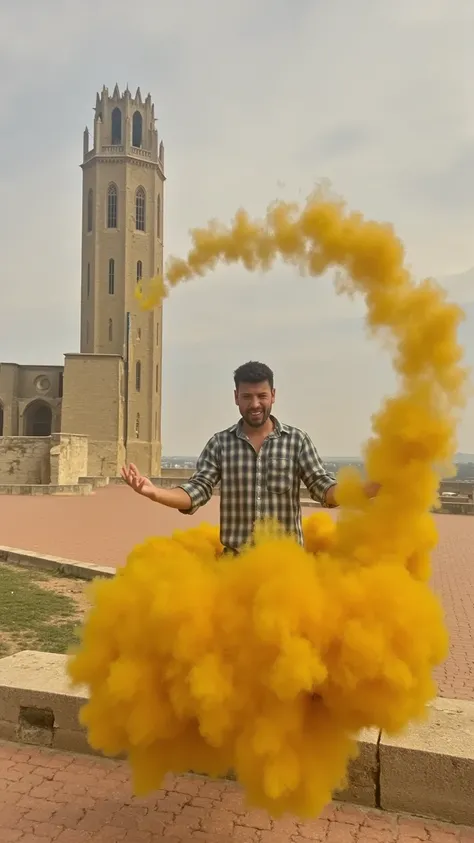 Create a hyper-realistic, cinematic image of a man in casual clothing riding a dense yet gaseous yellow cloud, faithfully replicating the texture and appearance of the iconic flying cloud from the original Dragon Ball anime. The cloud has a dense, fluffy f...