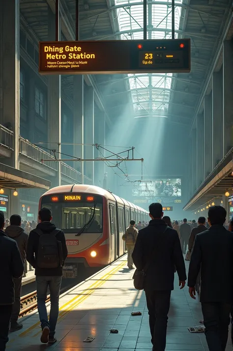 A metro station. Metro train is waiting at the station. Name the station on the board as "DHING GATE METRO STATION". Photo should be realistic. 