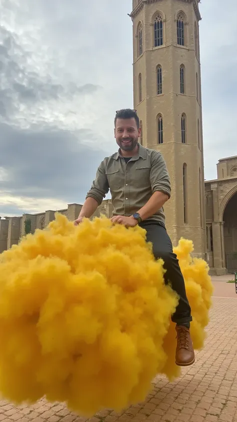 Create a hyper-realistic, cinematic image of a man in casual clothing riding a dense yet gaseous yellow cloud, faithfully replicating the texture and appearance of the iconic flying cloud from the original Dragon Ball anime. The cloud has a dense, fluffy f...