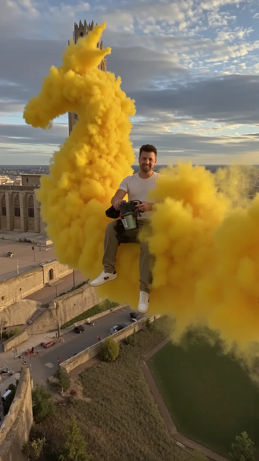 create a hyper-realistic, cinematic image of a man in casual clothing riding a dense yet gaseous yellow cloud, faithfully replic...