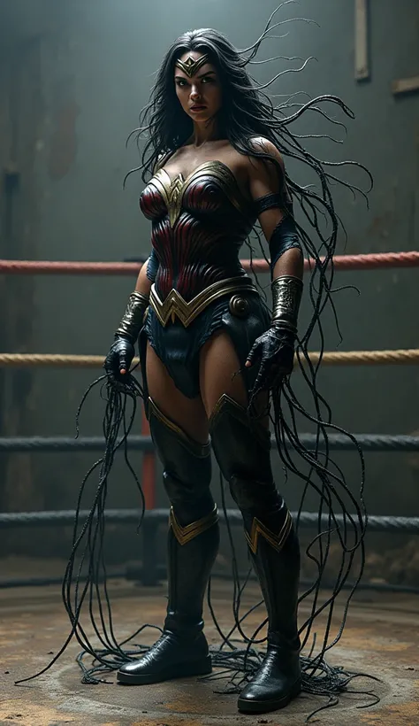 Wonder Woman không đeo mặt nạ, khuôn mặt BIẾN THÀNH VENOM và cơ thể đeN, CÁC XÚC TU MÀU ĐEN QUANH CƠ THỂ, SÀN ĐẤU BOXING, SOLO, TOÀN THÂN
