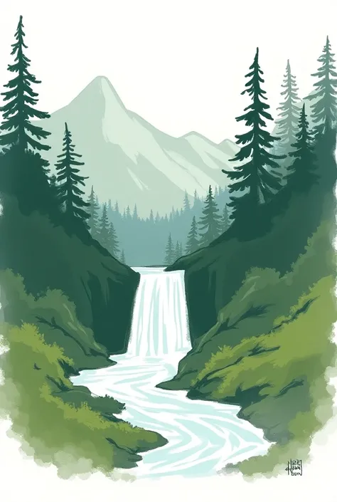 Simple Line, hand drawing, doodle, waterfall, forest, mountain background, 