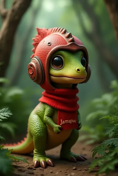 
A baby dinosaur that has a red scarf that says the word jamapuc and that has a red helmet