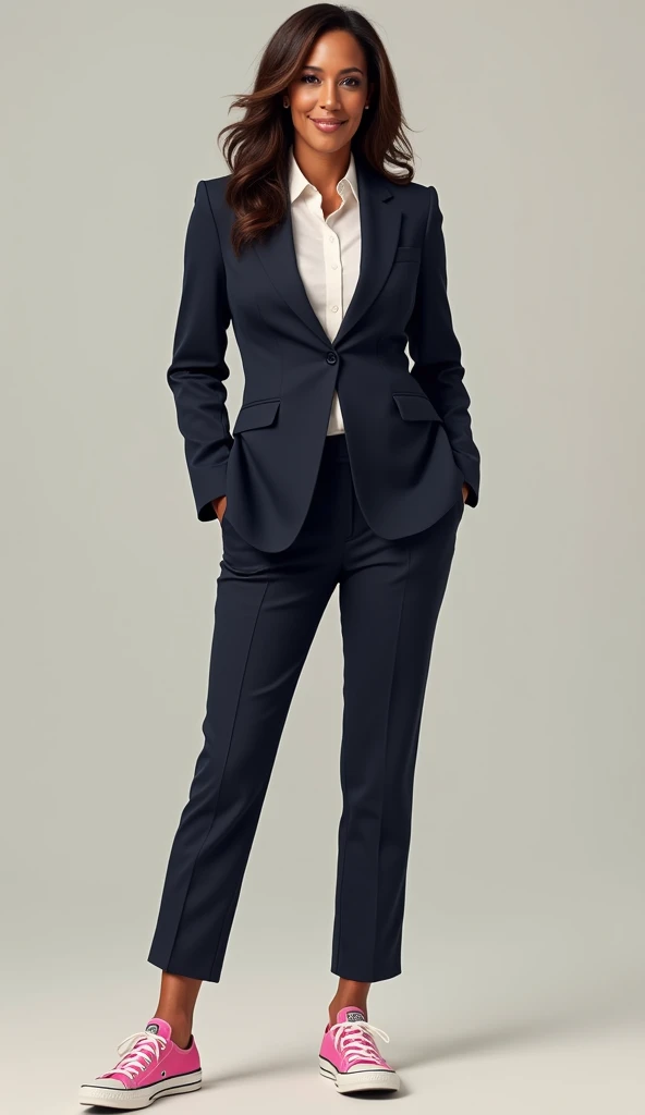 ka((masterpiece, best quality, perfect eyes, perfect face, perfect breasts, perfect anatomy, perfect lighting)), Kamala Harris Posing, Wearing a formal suit,  giving me cheek smile. Full body image, Wearing pink Converse sneakers, without socks.
