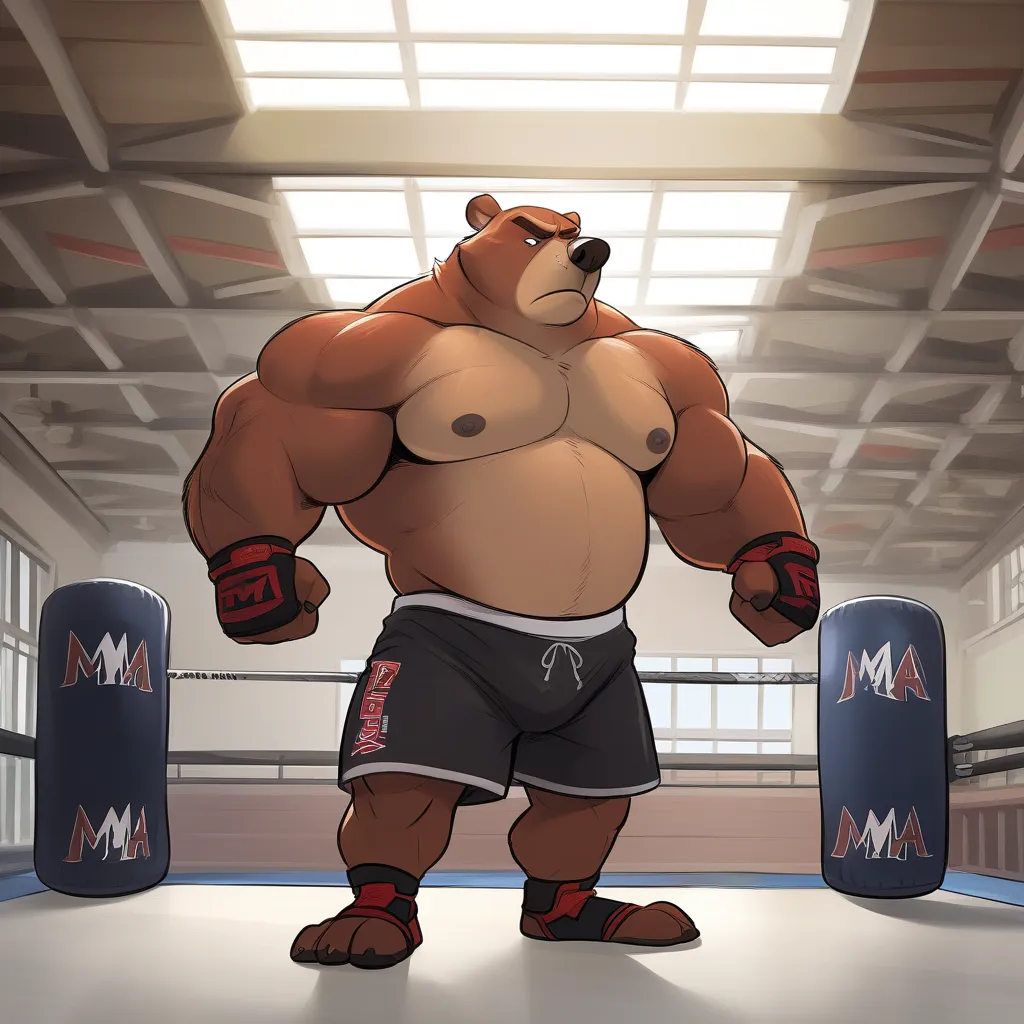 Solo, 1boy, Muscular Old, angry, focus, grunting, wide shoulder, pectoral, thick arms, huge pectoral, wide pectoral, shirtless, topless, height: 220cm, weight: 440lbs, a Kodiak brown bear in an MMA shorts with red slits wearing an MMA gloves with red knuck...