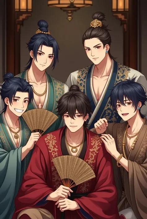 4 young men in a ancient asian room wearing heavy silken traditional robes and jewellery and respective headsets, two of them holding fans for themselves. All are brothers and all handsome. The youngest one is grinning the most. 3rd Eldest has a soft smile...