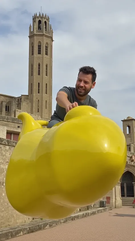 Create a hyper-realistic, cinematic image of a man with a slightly oversized, caricatured head and a joyful, exaggerated expression, riding a compact, cartoonish yellow cloud that’s smaller than his body, inspired by the iconic flying cloud from Dragon Bal...