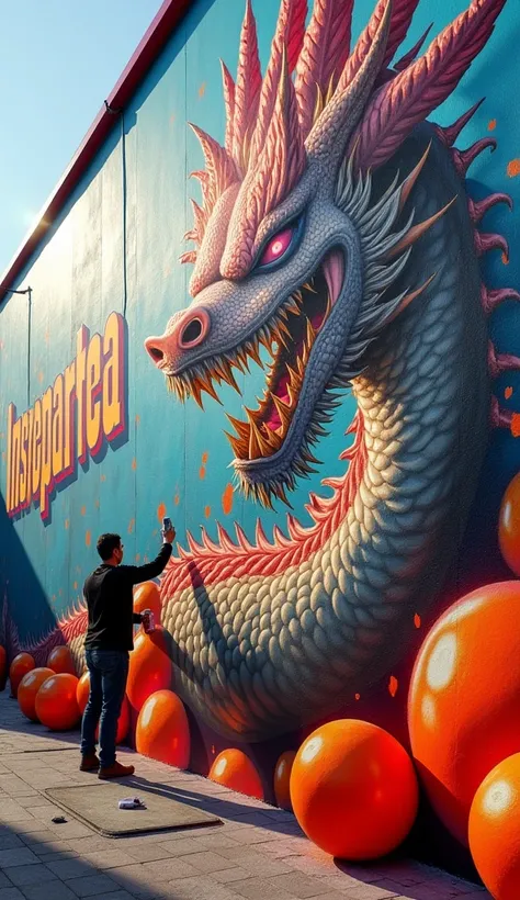 A massive, hyper-realistic mural on a wall depicting the full-body figure of Shenlong, the legendary dragon from the anime Dragon Ball, intricately detailed and partially completed. Below Shenlong, vibrant orange Dragon Balls are carefully placed, enhancin...