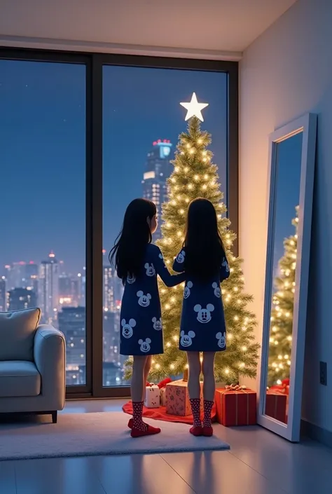 Two woman in their 30s, both long straight black hair, wearing identical dark blue with SMALL Mickey MOUSE PRINT long sleeves PAJAMA long shirt dress and Christmas socks, decorating large snow sprinkled Christmas tree at corner of high rise apartment all w...