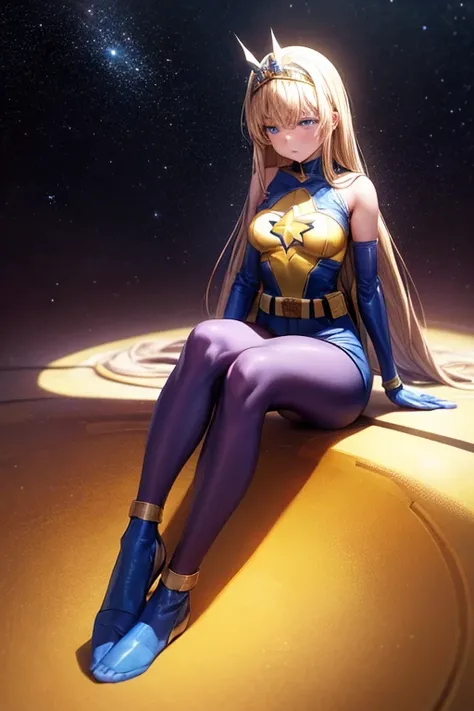 ((best quality)), ((masterpiece)), (detailed), 1 girl, Full body, 19 years old, Sad face, Depressed, Blue eyes, Empty eyes, Star-shaped tiara, Arms forward, Eye mask, Blue superhero mask, Blonde hair, Straight hair, Long hair, Bangs, 2 star-shaped hair orn...