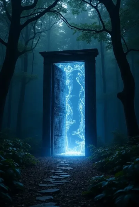 An old black door ,  without doors, luminous like a portal that floats in the dark forest with strange inscriptions that expels blue and white energy 