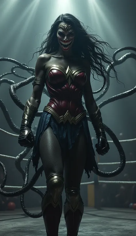 Wonder Woman không đeo mặt nạ, khuôn mặt BIẾN THÀNH VENOM và cơ thể đeN, CÁC XÚC TU MÀU ĐEN QUANH CƠ THỂ, SÀN ĐẤU BOXING, SOLO
