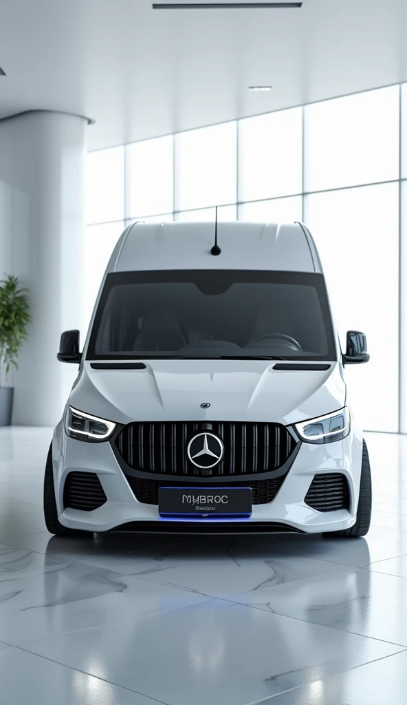 An ultra-realistic image of a futuristic .2025 Mercedes Benz vito ,motor home van modern side The end showcases a large, imposing, and aerodynamic design, painted in a glossy glacier white exterior. The front side angle accents and modern, captivating patt...