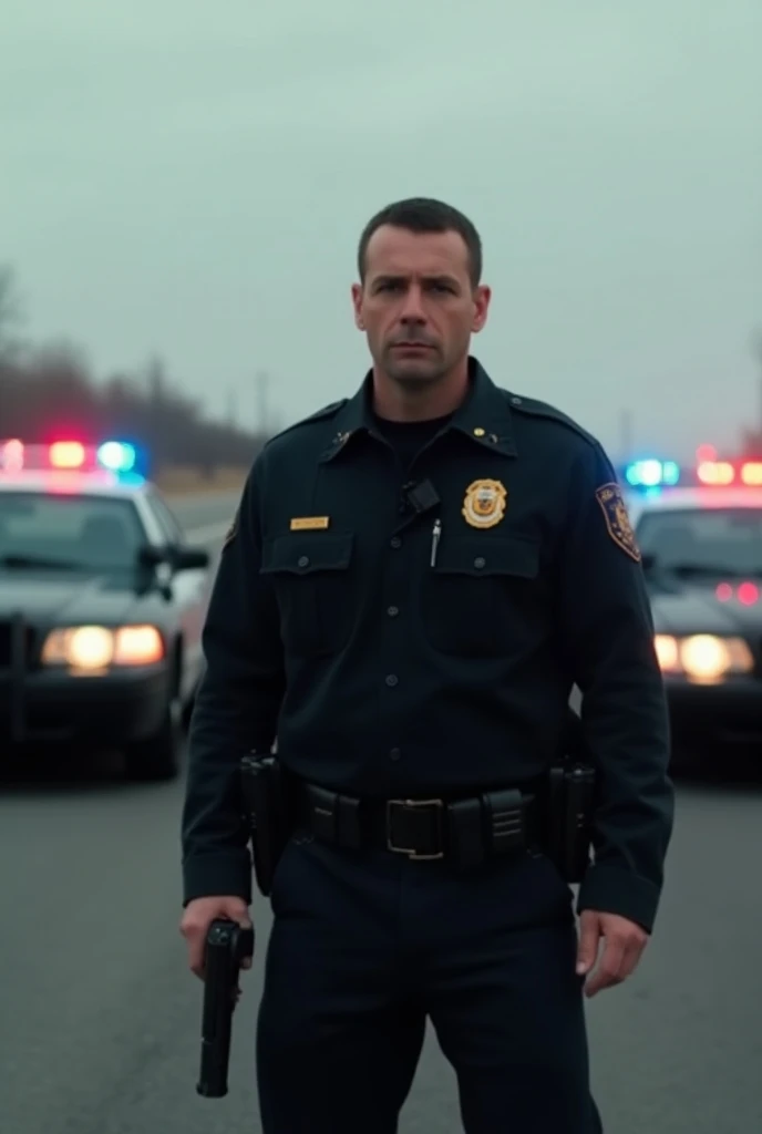 a man pointing a gun, behind him two police cars making a barrier, the man is in an FBI uniform, the cars are on a highway