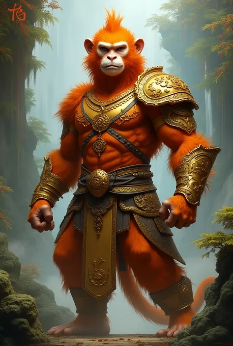 Sun Wukong the young orange warrior monkey king from Chinese mythology in an ultra realistic art 