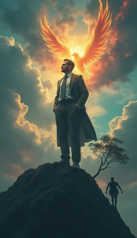 A determined leader, with a confident expression, is standing tall amidst a stormy sky. The leader is surrounded by symbols of resilience, such as a phoenix rising from ashes, a tree with strong roots, and a person climbing a mountain. The overall tone sho...