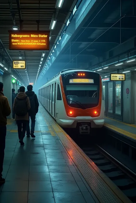 A metro station. Metro train is waiting at the station. Name the station on the board as "HAIBARGAON METRO STATION". Photo should be realistic. 