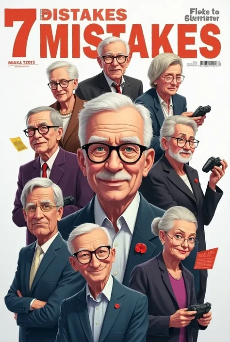 Create an image for a game magazine cover of The 7 Mistakes for Seniors. Dont write anything ,  leave a space for writing.