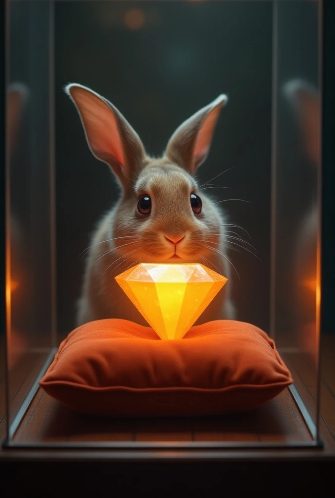 The rabbit’s eyes widen as he spots a glowing diamond-shaped carrot placed on a velvet cushion, surrounded by a subtle glow, inside a glass case.