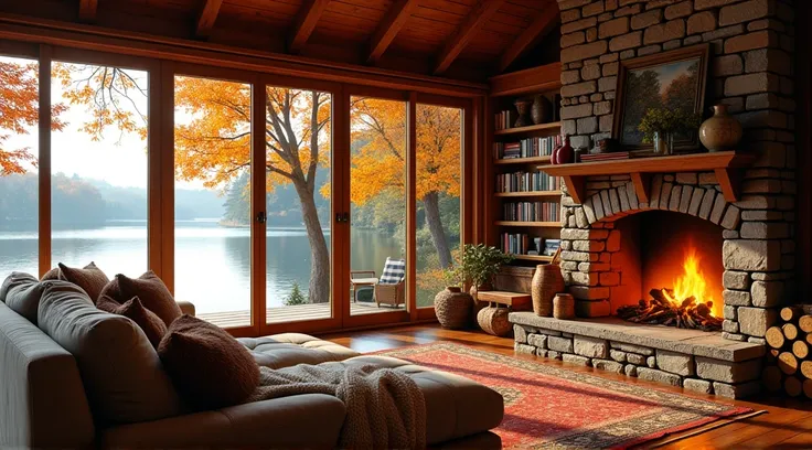 A lakeside autumn retreat enveloped by the brilliant reds, oranges, and yellows of the fall season, with a cozy living room overlooking the calm waters through floor-to-ceiling glass windows. The space is filled with warmth and rustic charm, enhanced by th...