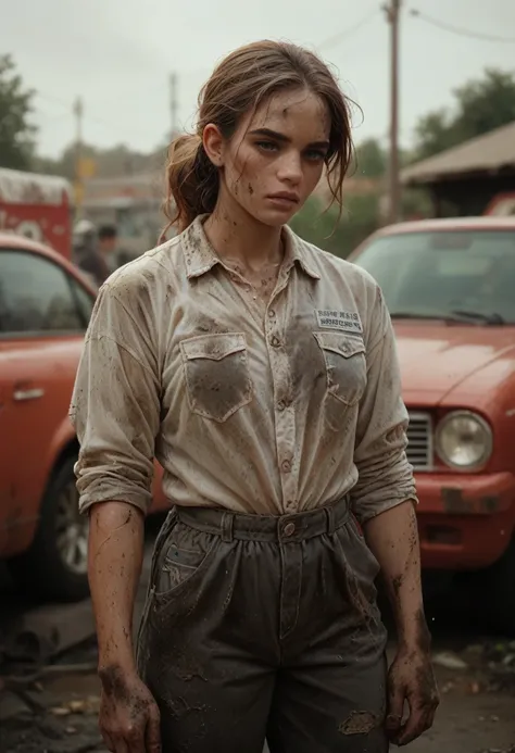 girl mechanic wearing greasy clothes. dirty with grease.