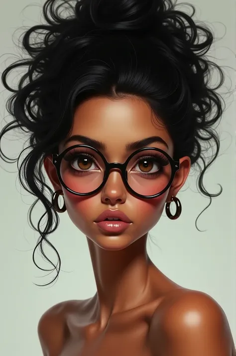  A Brazilian woman, Tall and slender, sharp face,  big nose and small mouth , round glasses, big wavy hair 