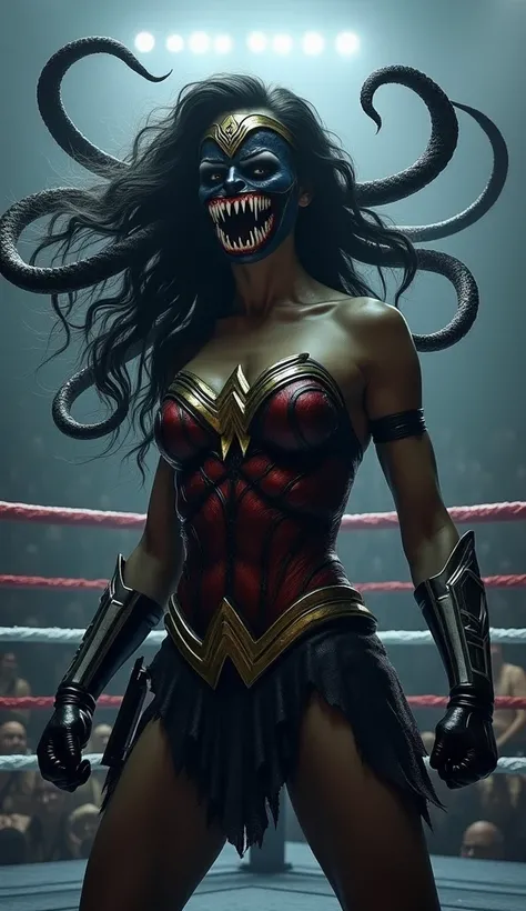 Wonder Woman không đeo mặt nạ, khuôn mặt BIẾN THÀNH VENOM và cơ thể đeN, CÁC XÚC TU MÀU ĐEN QUANH CƠ THỂ, SÀN ĐẤU BOXING, SOLO
