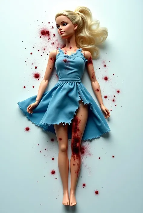 (( The best quality)), (( masterpiece )), Image of (( top view )) Of a dead Barbie doll wearing a blue dress slit in a ((white floor))  with an arm and a leg detached and blood around it must be super realistic since it is for a graphic design job