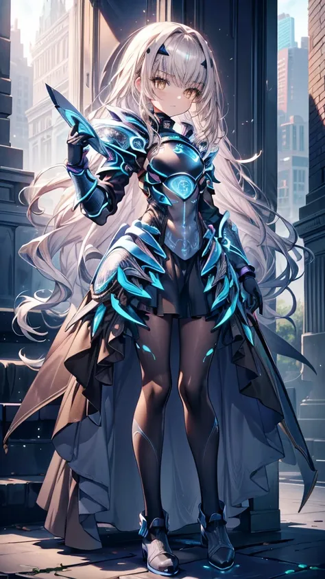 ((full body)),Melusine, Melusine, ( Brown Eyes :1.5), Long Hair, Gray Hair,  side lock, (Small breasts:1.2),
Armor break,  dress blindado,  dress negro, Gloves negros, Blue Armor ,  dress azul, Peto,  dress, Sash, Gloves, mask, Shoulder pads,  dress corto,...