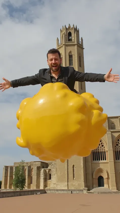 Create a hyper-realistic, cinematic image of a man with a slightly oversized, caricatured head and a joyful, exaggerated expression, riding a compact, cartoonish yellow cloud that’s smaller than his body, inspired by the iconic flying cloud from Dragon Bal...