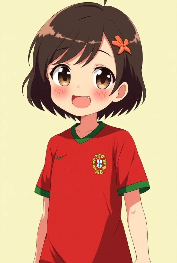 Im anime style a young girl smile and wearing a Portugal jersey 

