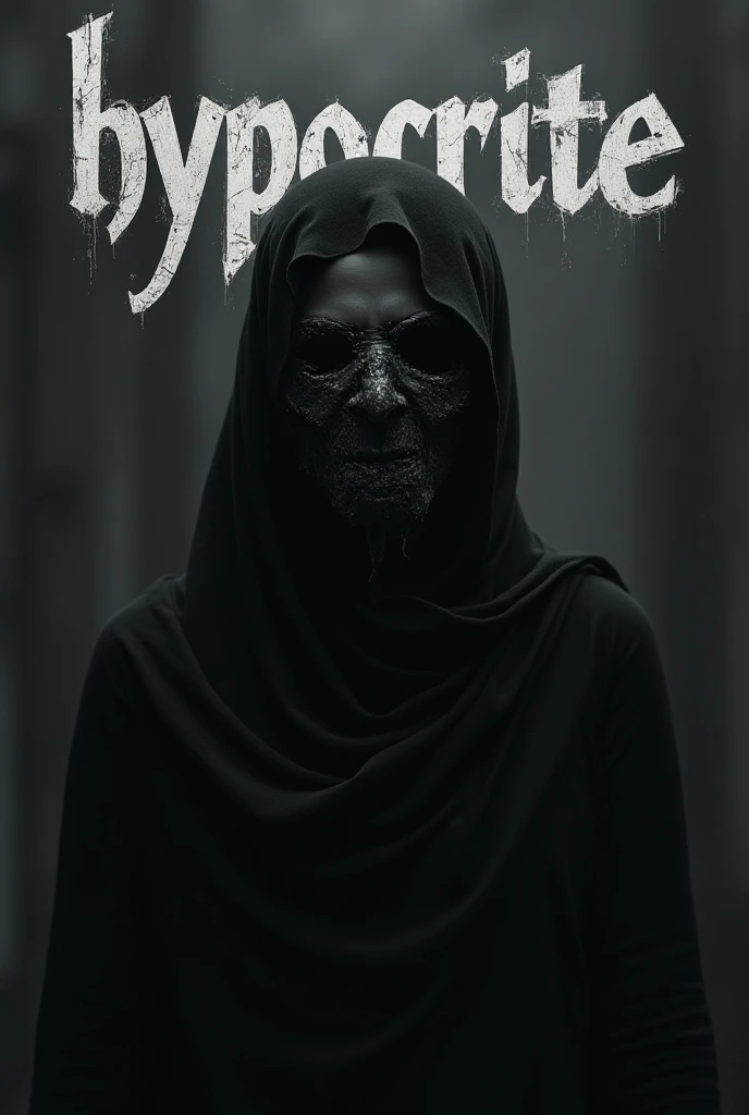 Make the words hypocrite with black metal font And the letters are white on a black background  (Make the font a bit scarier) More rooted And behind the writing there is a picture of a woman in a hijab wearing a destroyed mask.