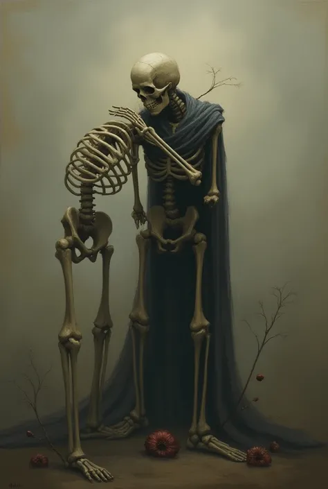 Skeleton giving back with a melancholic air like a painting

