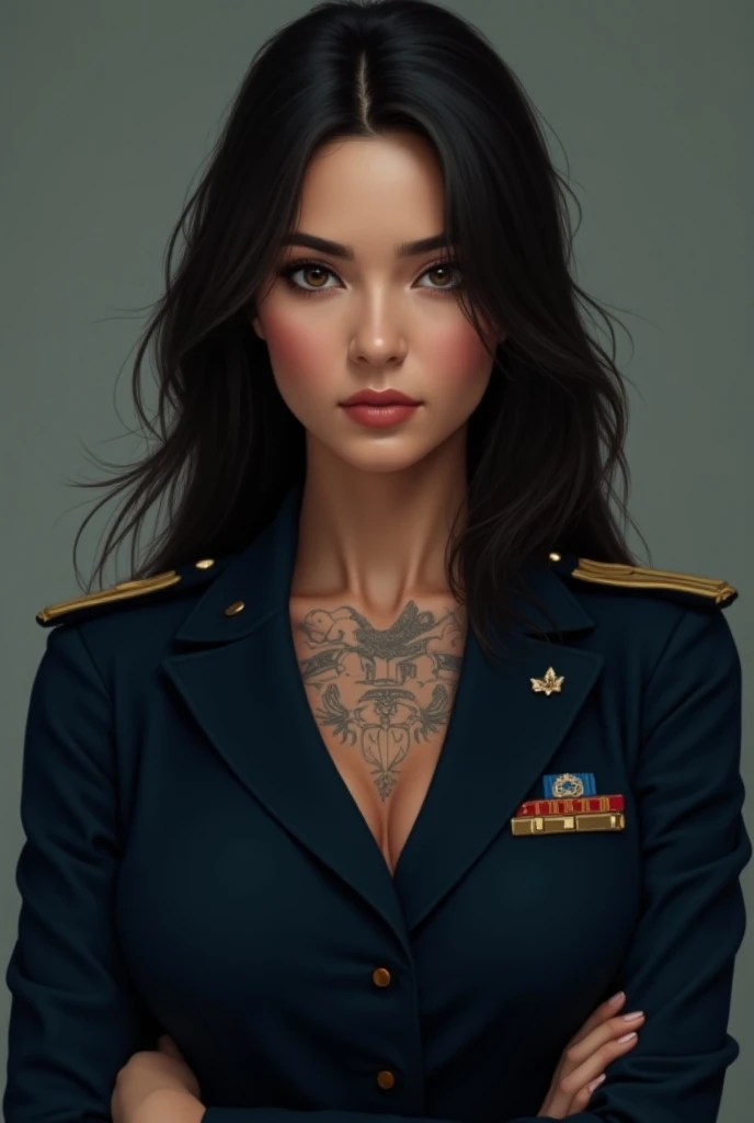  33-year-old female of Latin and Swedish descent, with tattoos, Long hair and uniformed Navy lieutenant 