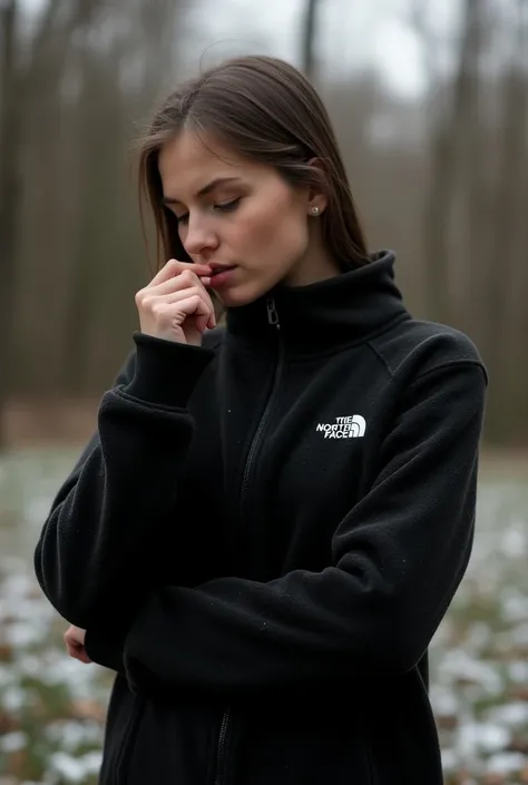 A  Romanian girl. Shes wearing a black north face fleece jacket, her jacket has cum all over it and shes smelling her sleeve.