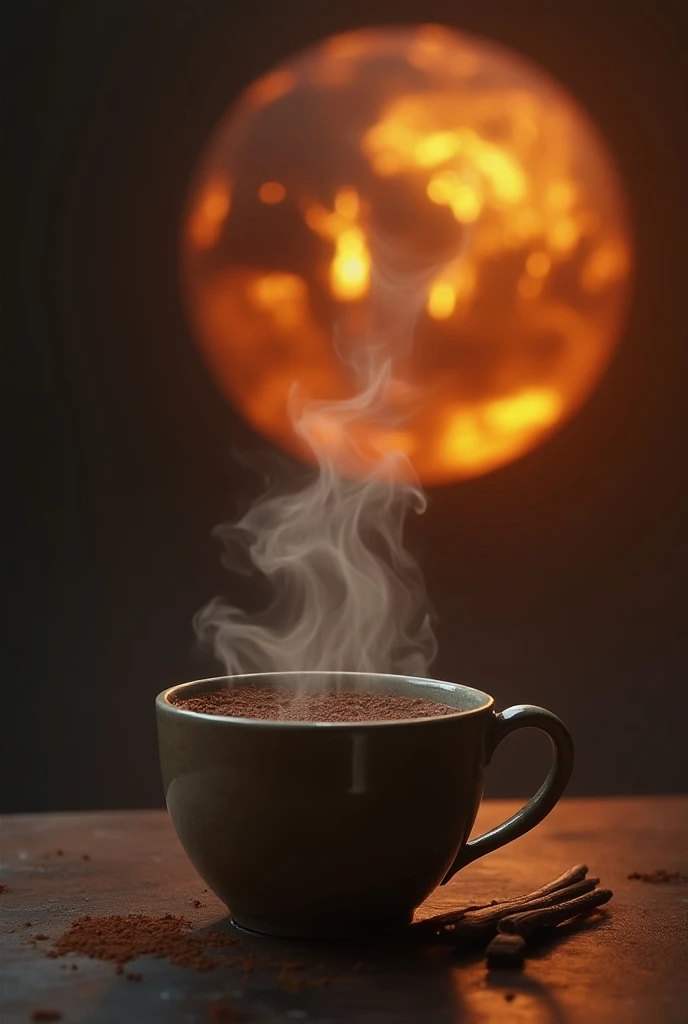 Draw a cup of cocoa with steam in the background the burning globe