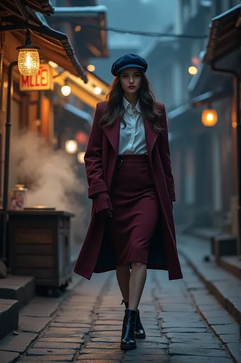 Girl wearing black boots, maroon pencil skirt, white highneck, maroon coat, with dark blue beret,  down the night street of darjeeling with street lamp, roaming around the narrow stone road and having fresh steam momos on the stall cold night