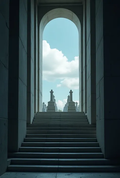 underground bunker that is a mausoleum in a cemetery with a narrow staircase access and that when you reach the tombs you can see the sky, Show me a higher image